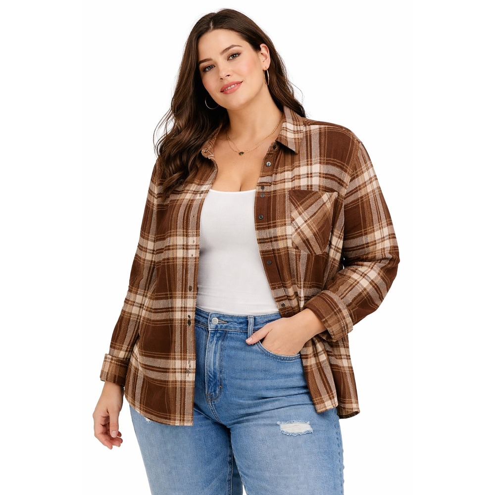 Rue+ Plaid Button Up Shirt Women 2X Brown White Long Sleeve Pocket Flannel Style